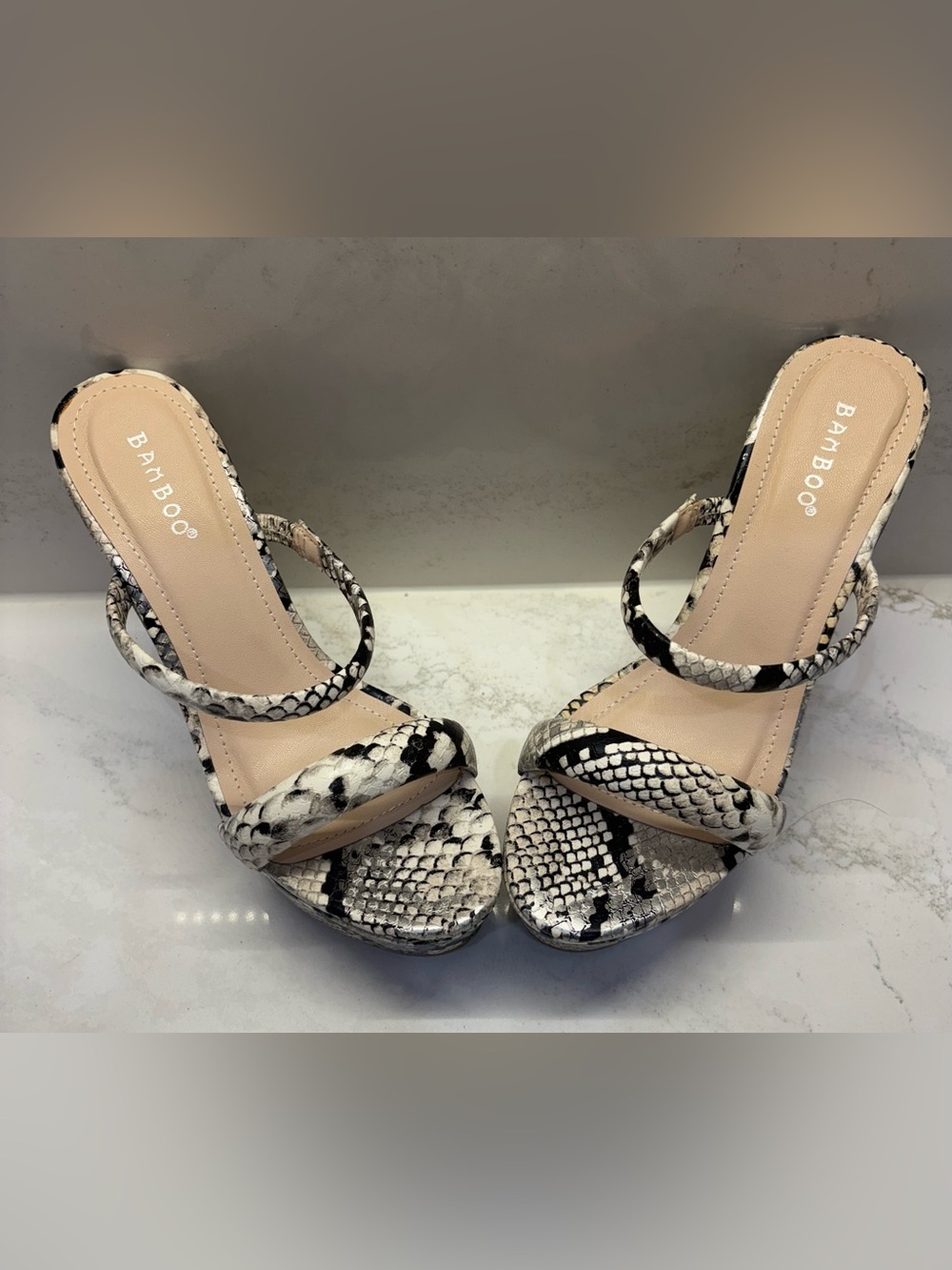 BAMBOO Snake-Print Platform Sandals in Black & White